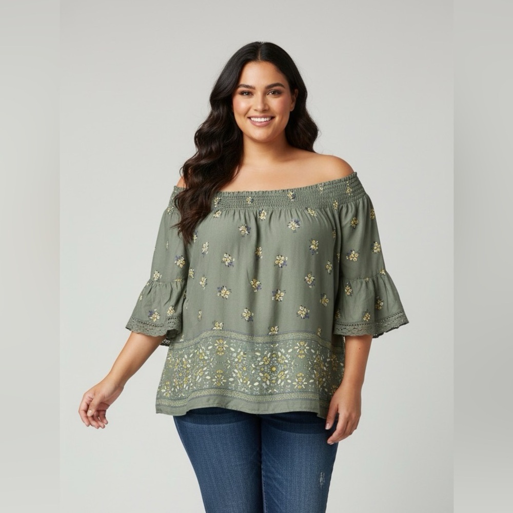 Maurices women’s  size 2X 3/4 bell sleeve off shoulder green floral printed top